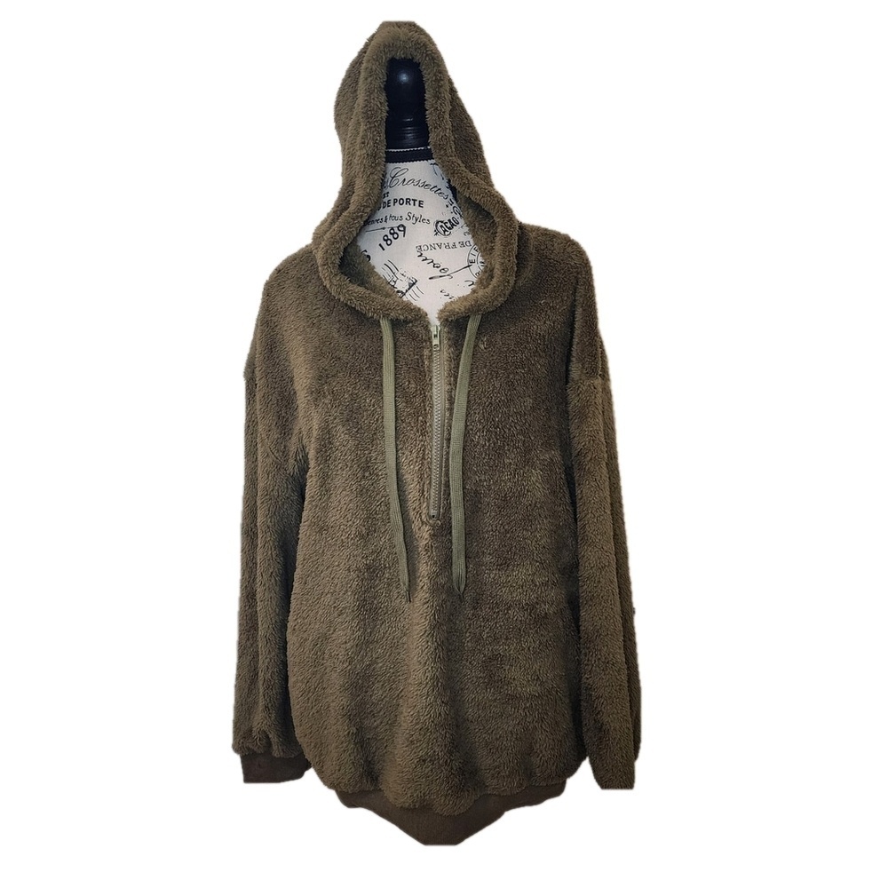 Womens Olive Green Teddy‎ Sherpa Fleece 3/4 Zip Hooded Pullover Size L